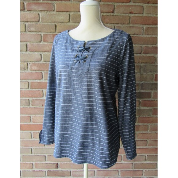 Talbots Tops - Talbots Striped Knit Top Criss Cross Detail Women's Medium Casual Ruffle Cuff
